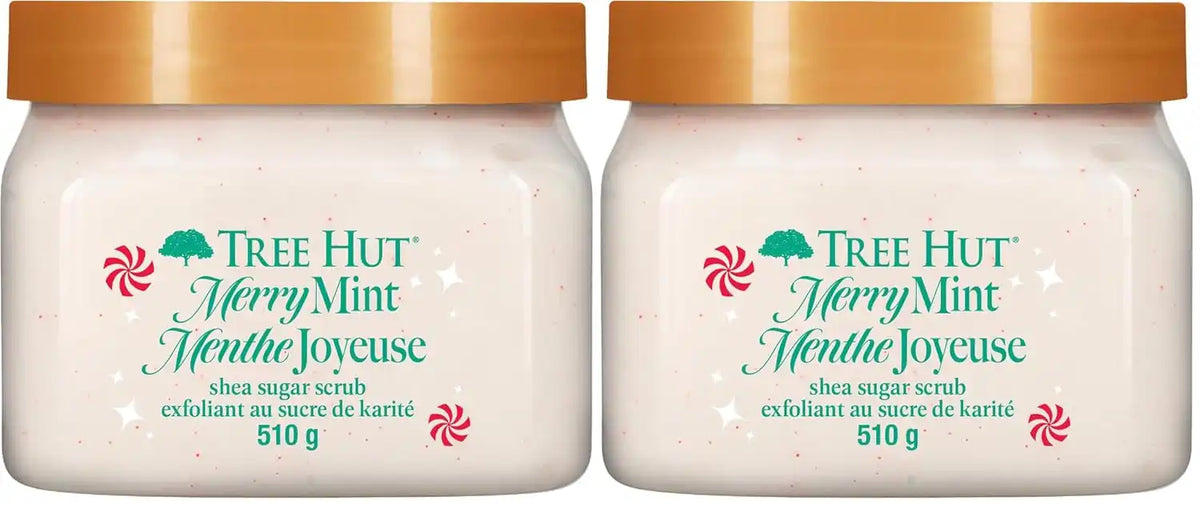 Tree Hut Merry Mint Shea Sugar Scrub, Exfoliating, Hydrating & Moisturizing Body Scrub with Shea Butter & Nourishing Essential Oils, Smooth & Soften Skin, Limited Edition Holiday, 18 oz (Pack of 2)