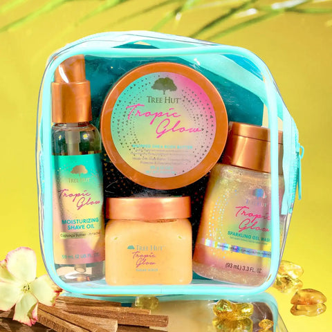 Tree Hut Tropic Glow Everything Shower Gift Set, 4 Piece Kit, Travel Size | Exfoliating Body Scrub, Body Wash, Shave Oil & Body Butter, Self Care Gift Set, Nourishing & Moisturizing with Shea Butter